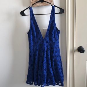 Very sexy deep V blue lace dress